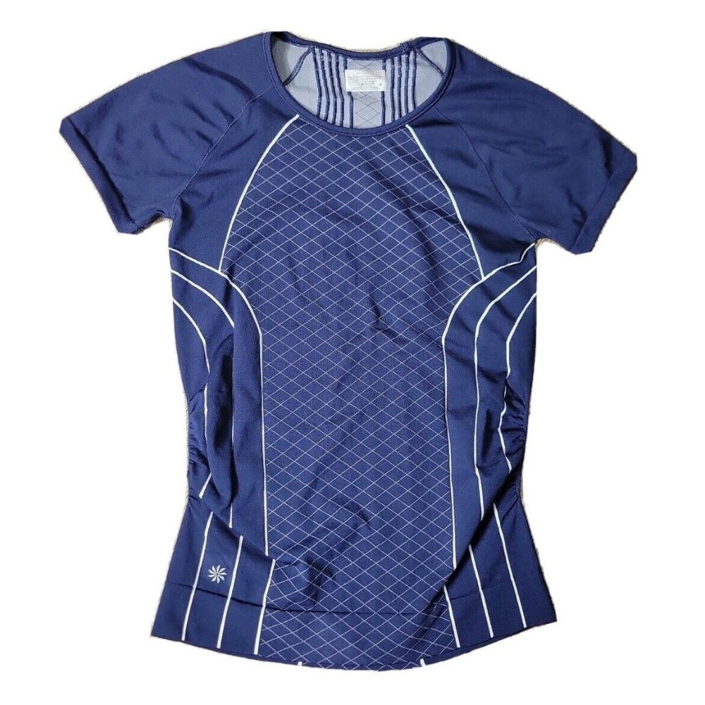 Athleta Women's M Navy White Finish Fast Line Tee Performance T Shirt Strtech